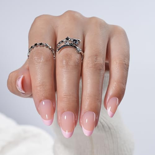 French Tip Press on Nails - Pink Short Almond Press on Nail, Glos...
