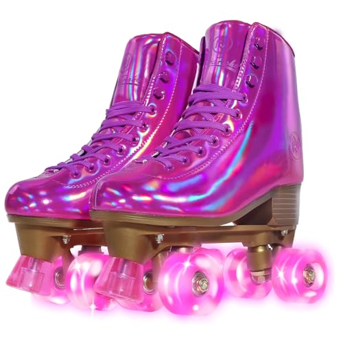 JajaHoho Roller Skates for Women, Magenta Holographic High Top PU Leather Rollerskates, Double-Row Four Barbie Pink Fushcia Light up Wheels Quad Skates for Girls Age 8-50 Indoor Outdoor (Plum, US 6)