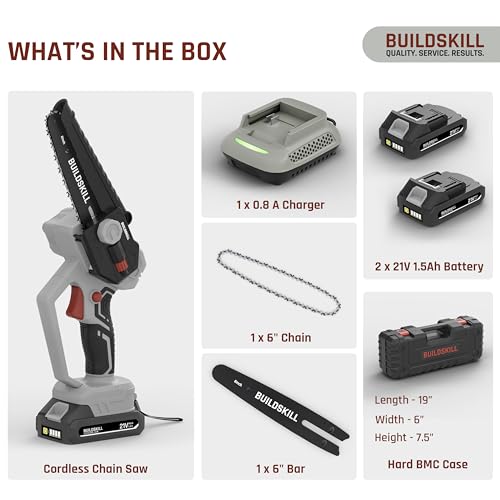 Image of BUILDSKILL 21V Cordless Chainsaw Machine | 6 inch Bar | 3600 RPM Copper Motor | 2 x 1.5AH Battery | Chain tensioning button, safety lock | Mini Chainsaw Machine for Wood Cutting, Gardening & DIY Use