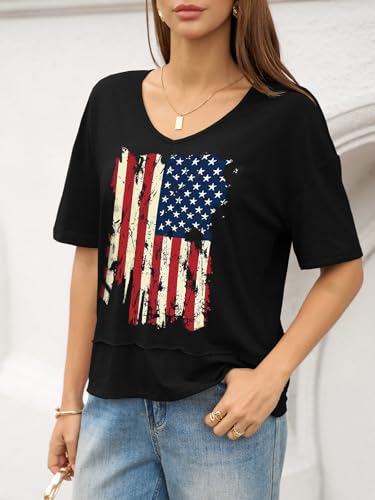 Image of UNCLECAT Womens V Neck T Shirts Summer Trendy Loose Fit Casual Tops Tees | Short sleeve, Spliced hem, Flowy graphic tees,Solid color cute basic t-shirts