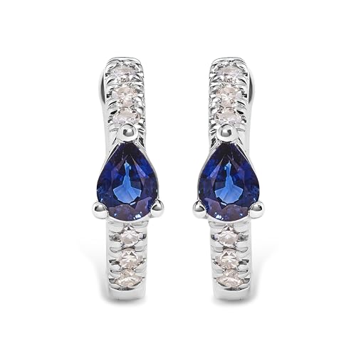 10K White Gold Pear Shaped Blue Sapphire and 1/10 Cttw Diamond Huggy Hoop Earrings (H-I Color, I1-I2 Clarity)