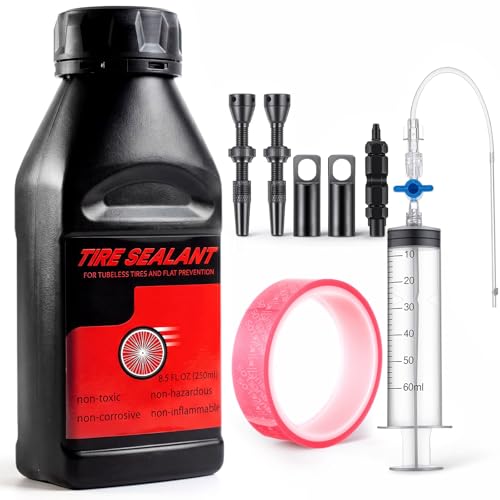 Threlaco Tubeless Tire Sealant 250ml Tubeless Sealant with Rim Tape, Valve Stems and Injector Kit, Complete Conversion Puncture Repair Kit for Road, Gravel, MTB Bikes
