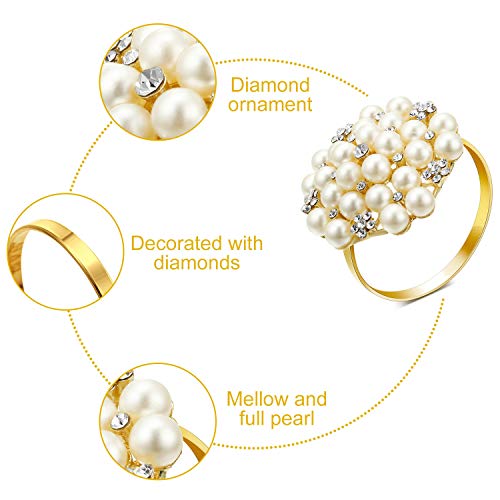 Hotop HOTOP-NAPKIN RING-25 12 Pcs Gold Napkin Rings Pearls Flower Napkin Buckles Rhinestone Bling Round Napkin Holders thumb #5