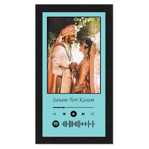 Image of Personalized Gift Musical Wall Rectangular Photo Frame - Customized Spotify Song With Scanable Barcode For Wedding And Couple Gifts - Size (6X12) Inch, Turquoise | 1 Piece Rectangle, Wood