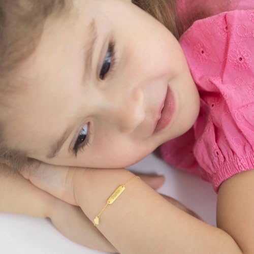 14k Yellow Gold Heart Charm Engravable Tag Identification Bracelet For Toddlers and Little Girls - Sweet Heart Charm Bracelet For Baby Girls - Customized Tag ID Bracelets For Girls2