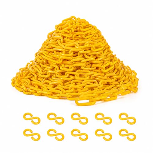 Yellow Plastic Chain Links with 10 S-Hooks, 50Ft Safety Chains