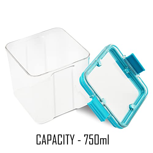 Image of PEARLPET Clik n Seal Kitchen Storage Container 4 Pcs (700 ml Each, Plastic, Square Shape, Blue)