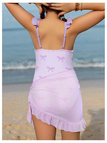 Image of GORGLITTER Girl's Ruffle One Piece Swimsuits Bow Striped High Cut Bathing Suit with Cover Up Skirts Swim Wear Suits