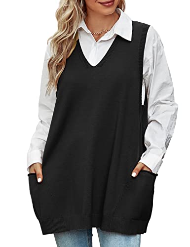 Xnova Damen Pullunder Oversize V-Ausschnitt, Stricken Weste Pullover ärmellose, Strickpullover Ärmellos Lang Strickweste, Freizeit Sweater Vest...