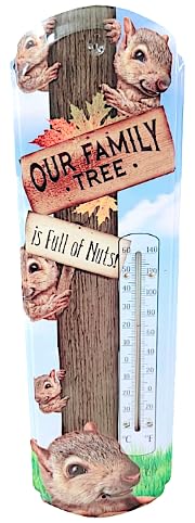 Termómetro colgante de metal, calibre 22, litografía de metal, mide 5 x 17 pulgadas, en interiores o exteriores, elige Syle (nuestro árbol