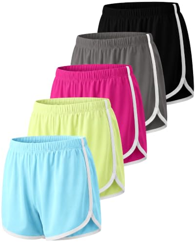 Image of Real Essentials 5 Pack: Girls' Dry-Fit Athletic Dolphin Shorts for Youth Kids Teens Running Gym Sports (Ages 4-16)