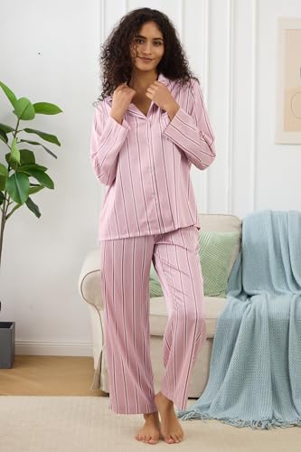 Image of YiNi LuLu Womens Silk Satin Pajamas Set Button Down 2 Piece Pjs Long Sleeve Oversized Sleepwear with Pockets