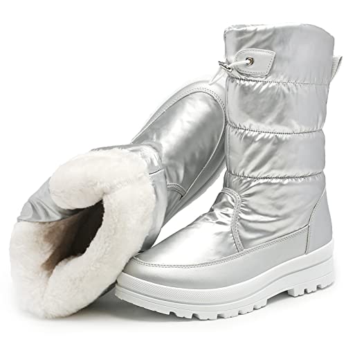 Hypocrute Women's Warm Snow Boots With Fur Lined Black And White Wide Winter Boots Water-Resistant Mid Calf Boots For Hiking,Working,Outdoors(Silver Us9) #TOP12