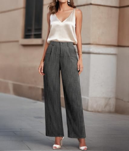 Image of Feiersi Womens Casual Wide Leg Pants High Waisted Button Down Straight Long Trousers Palazzo Pants
