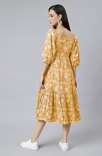 Image of Janasya Women's Cotton Floral Print Flared Dress
