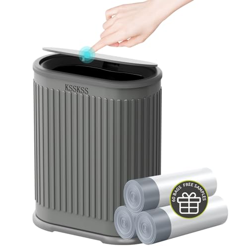 KSSKSS 1.8 Gallons Small Stainless Steel Trash Can with Press Type Lid, Slim Bathroom Garbage Bin, Removable Liner Bucket, Dog Proof Narrow...