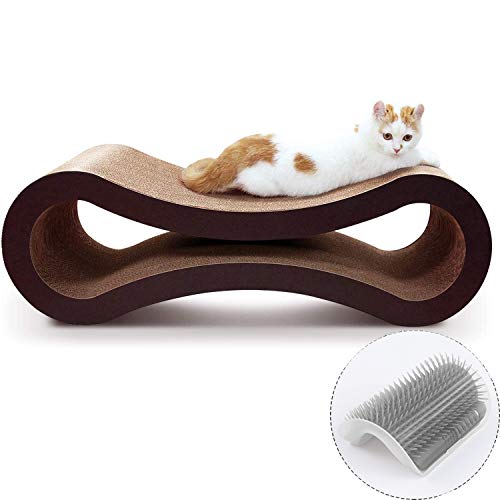 ScratchMe Cat Scratching Post Lounge Bed, Cat Scratcher Cardboard Board Pads Catnip and Groomer Brush, Infinity Shape