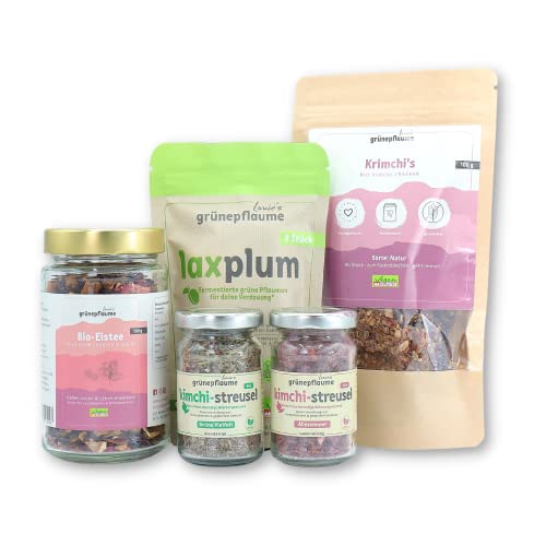 Geschenkset für dein gutes Bauchgefühl*. 9er Laxplum, 2x Kimchi-Streusel in Alleskönner & Grüne Vielfalt, 1x Eistee Cold-Brew in Erdbeer-Himbeer, 1x Krimchi’s - Bio-Kimchi Cracker in Natur Cover