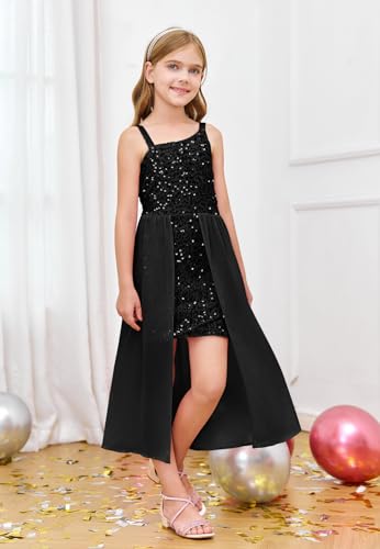 Haloumoning Girls Sequin Dress Kids Formal Sparkly One Shoulder Prom Party Dresses 4-14 Years3