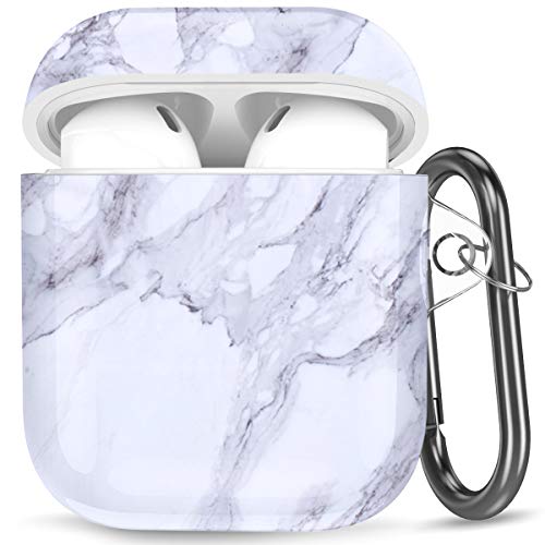HUMENN Compatible con Airpods Funda, Patrón de Mármol Case Protectora a Prueba de Golpes Compatible con Airpods 2 y 1, Soporte de Carga Inalámbrica, con Mosquetón, Mármol Blanco
