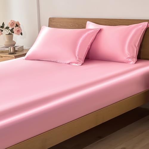 VACVELT 3-Piece Satin Fitted Sheet Set Queen Size, Pink Bottom Bed Sheet with 2 Pillowcases, Similar to Silk Sheets, Luxury & Silky Bedding Set, 15 Inch Deep Pocket - Image 8