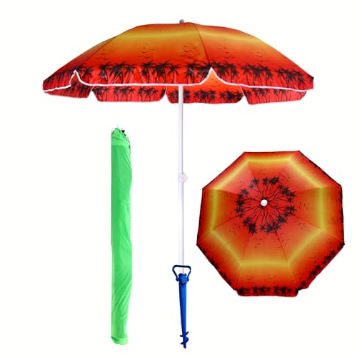 Procamp Beach Umbrella for Sand - 200 Cm Outdoor Beach Umbrella with Sand Anchor & Carry Bag | Adjustable Height & Tilt Mechanism | Water & Wind Resistant - Sunset Beach