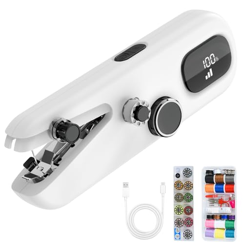 Máquina de coser eléctrica portátil con manivela recargable con bloqueo de seguridad e indicador de carga, 3 velocidades para coser con accesorios para principiantes, reparación rápida de ropa