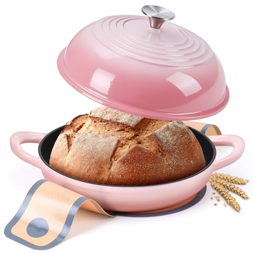 Runder Brotofen für hausgemachtes Sauerteigbrot Backen, Leonyo Emaillierter Gusseisen-Dutch Oven Topf mit Deckel, 6 Quart, Rosa