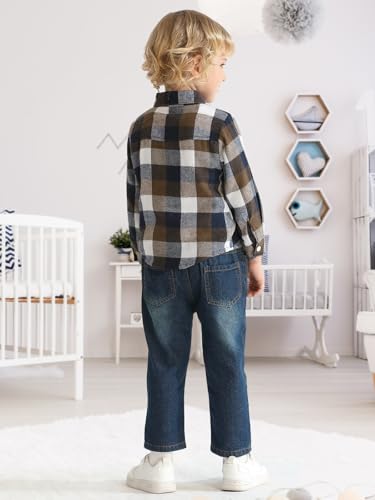 Image of Toddler Baby Boy Clothes Infant Denim Outfits Flannel Plaid Button Shirt Pockets Ripped Jeans Pants 2 PCS Clothing