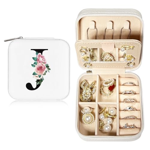 JEKUGOT Personalised Travel jewellery box,Alphabet Jewellery Organiser,Small Travel Jewellery Storage Case with Mirror,Portable Jewellery Box,Birthday Gift for Women,Mothers Day Valentines Day Gift(J)