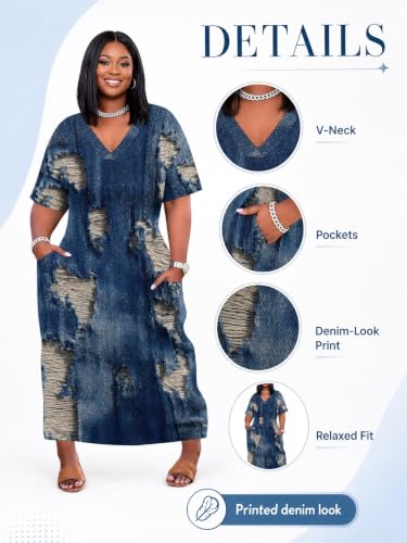 Image of SUZONANA Womens Plus Size Denim Print Maxi Dresses Casual Jean Look Dress