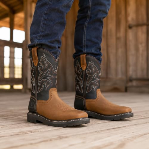 Image of SUREWAY Western Boots - Men's Square Toe Work Boot,Pull On Leather Wellington Boots,Durable Classic Slip Resistant Soft Toe Cowboy Boot
