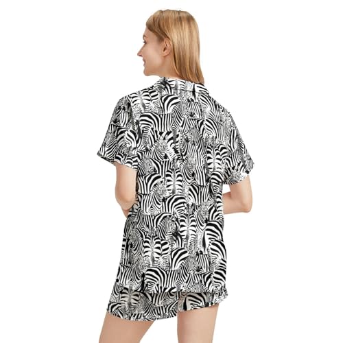 Image of Funny Pajamas for Women Set Print Satin Loungewear Pjs Short Sleeve Button Down Top and Shorts Sets Sleepwear XS-3XL