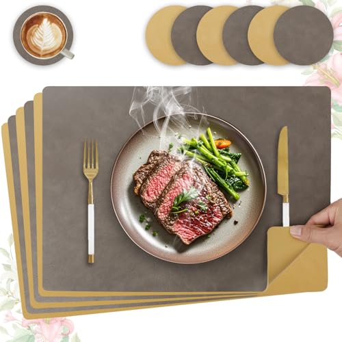 Heli MAIO Tischsets und Untersetzer 4er Set,Platzsets Abwaschbar und Doppelseitigen rutschfest Platzdeckchen,Tischset Leder Kunstleder,Platzdeckchen wasserdicht