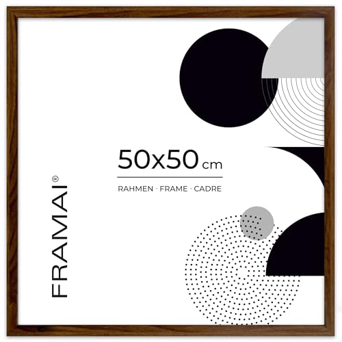 FRAMAI® Bilderrahmen 50x50 cm Braun MDF Umweltfreundlichem Rahmen mit Bruchsicheren Plexi, Aufhänger und Aufsteller – Ansicht 1