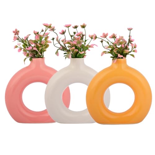 Image of Store499 Ceramic Flower Vase | Pampas Grass Vase | Home Decor Centrepiece | Decor Showpiece (Pack of 3) (Colour- White, Pink, Yellow) (Shape- Donut, Donut, Donut(Size- 6, 6, 6 Inch)