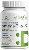 Triple Omega 3-6-9 Fish Oil Supplements 3,600mg – 240 Softgels with Flaxseed Oil & Borage Oils Complex – High EPA + DHA – Burpless Pills, Lemon Flavored, Wild Caught – Heart, Joint, & Brain Support
