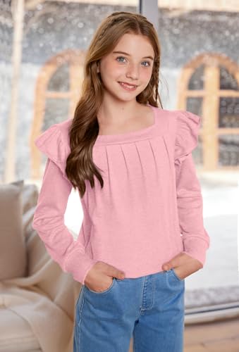 Girls Fall Pleated Long Sleeve Shirt Ruffle Sleeve Top Square Neck Casual Blouse 6-14 Years2