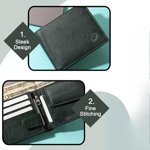 Image of VEMILIO Vegan Leather Wallet for Men with ID Window, Coin Pocket, Zipper Pocket & Multiple Card Slots | Bi-Fold Gents Purse with Currency Compartments | Slim Stylish Men's Wallet (Green)