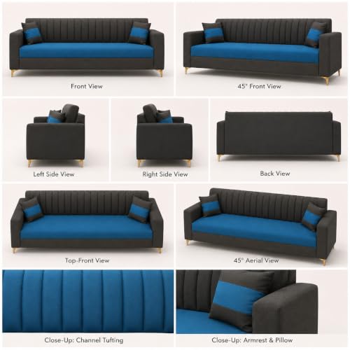 Image of FURNY Signature Regalia 3 Seater Sofa Set | Boston Fabric | 40D Foam + Zigzag Spring | 3-Yr Warranty (Ash Grey, Ocean Blue) | Modern Living Luxury Sofa Set for Home, Office & Hotel Spaces
