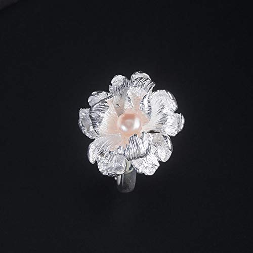 Bague femme ajustable perle style chinois anneau argent S925 fleur