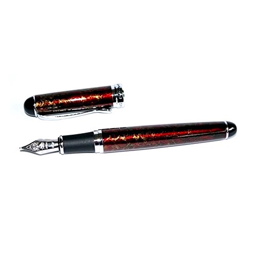 Writers Pens Jinhao X750 Lava Red Fountain Pen Set - Black Velvet Sleeve, 10 Blue Ink Cartridges - Medium Nib, Red & Gold Barrel With Silver Color Trims, Removable Ink Converter #TOP1