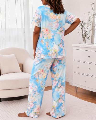 Image of CHICME Womens Pajamas Sets 2 Piece Short Sleeve Lounge Set Printed Loose Pants Pj Sets Loungewear Set