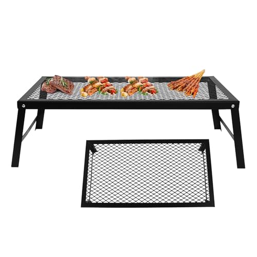 JAYGOVAN Folding Campfire Grill, Heavy Duty Iron Mesh Grate, 21.7