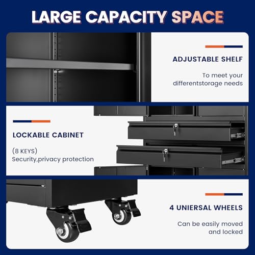 Image of Yizosh Metal Garage Storage Cabinet with Locking Doors and Adjustable Shelves, 74 inch Rolling Tool Storage Cabinet with 4 Wheels and 2 Drawer for Garage,Warehouse