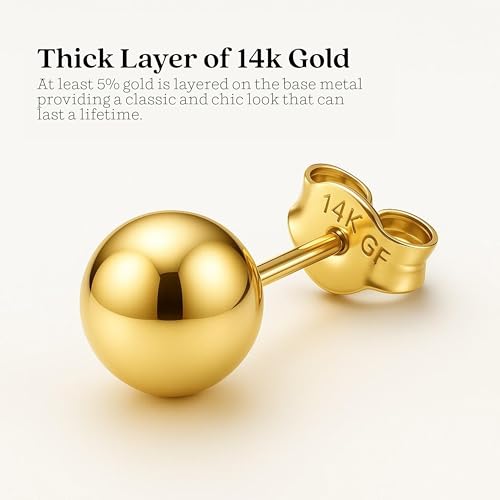 Kezef 14K Gold Filled Ball Stud Earrings for Women - Thick 14K Gold Layer, Hypoallergenic for Sensitive Ears, Round Studs | 3mm-9mm3