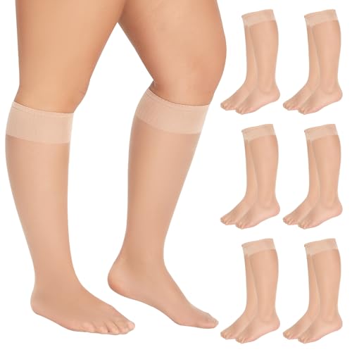 MANZI 6 Pairs Plus Size Sheer Knee Highs Stocking for Women Super Wide Nylon Trouser Queen Socks