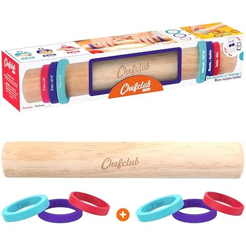 Chefclub Kids Adjustable Wooden Rolling Pin - 3 Removable Silicone Rings - Perfect for Baking & Pastry, Pizza, Pie, Cookie Dough - Precision Baking Tool for Kids Cover