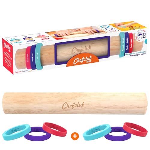 Chefclub Kids - Rouleau à Pâtisserie Ajustable en Bois - 3 Anneaux en Silicones Amovibles pour 3 Différentes Épaisseurs de Pâtes - 7mm, 5mm et 3mm - Des...