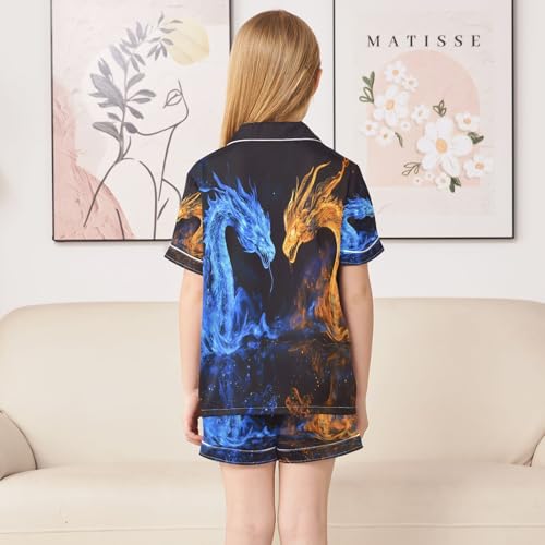 ALAZA Blue Orange Dragon Satin Pajamas Set Short Sleeve Button Down Sleepwear Summer Pjs 2 Piece4